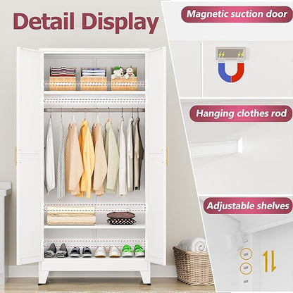 GAIOUS Metal Wardrobe Cabinet with Hanging Rod, Clothing Storage Cabinets | with 2 Doors and Adjustable Shelves, 71" Metal White Armoire Wardrobe Closet for Bedroom, Laundry Room, Cloak Room