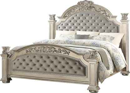 First of a Kind Platinum Traditional 5 Piece King Bedroom Set with Upholstered Tufted Headboard Elegant European Inspired Design Coordinated Furniture Collection, Silver