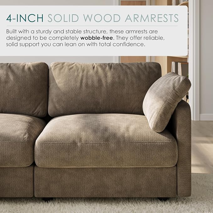 114" Cloud Couch Sectional Couches for Living Room Brown | 10" High-Resilience Cloud Cushion, 36" Movable Ottoman, Plus-Size Friendly Couch, 28" Extra Deep Seat Sofa