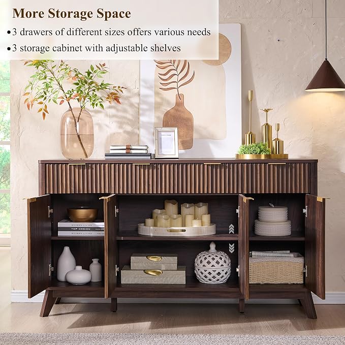 T4TREAM 60 Inch Fluted Buffet Sideboard Cabinet, Dark Walnut | Modern Coffee Bar Storage Cabinet With 3 Drawers & 4 Doors, for Dining Room, Living Room, Hallway, Adjustable shelves