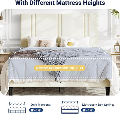 Allewie Full Size Platform Bed Frame with Adjustable Headboard, Plush Velvet Upholstered, Vertical Channel Tufted, Sturdy Wooden Slats, No Box Spring Needed, Easy Assembly, Cream