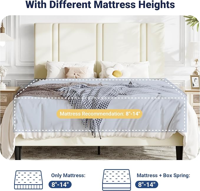 Allewie Queen Platform Bed Frame with Adjustable Headboard, Plush Velvet Upholstered, Vertical Channel Tufted, Sturdy Wooden Slats, No Box Spring Needed, Easy Assembly, Cream