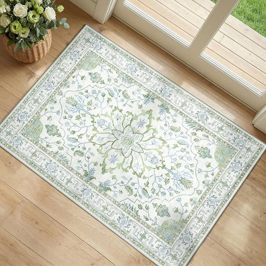 RELEANY Area Rugs Small 2'x3' Washable Non-Slip, Floral Vintage Distress Medallion Carpet for Kitchen Entryway Bathroom, Green White Blue