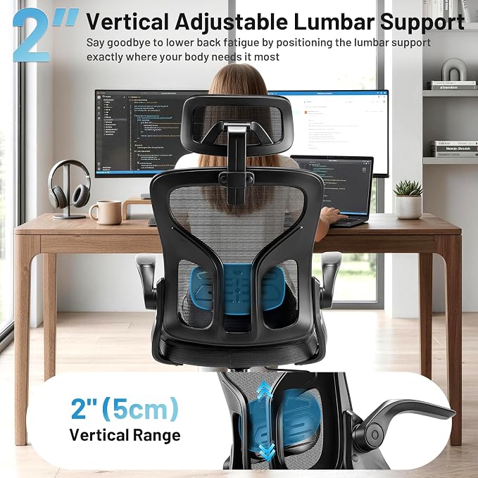Office Chair Ergonomic Desk Chair with Adjustable Headrest Lumbar Support, High Back Breathable Mesh Chair with 120° Tilt & Flip-Up Armrests, Swivel Comfy Task Computer Chair for Work, Study