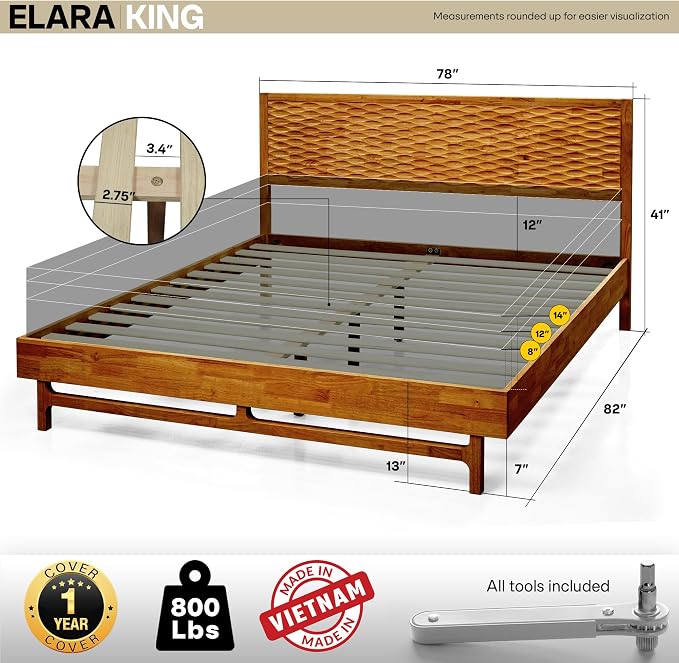 Acacia Elara King Platform Bed Frame – Mid-Century Modern Style, Carved Headboard, Solid Wood, Caramel Finish, No Box Spring, 800lbs Support, Easy Assembly with Tools Included