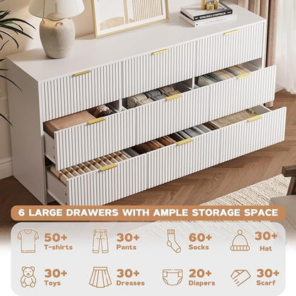 MAISONARIA 3-Piece Dresser Bedroom Set, 9 Drawer Dresser & 3 Drawer Nightstands with Gold Handles, Fluted Wood Chest of Drawers for Bedroom, Living Room, Entryway, White