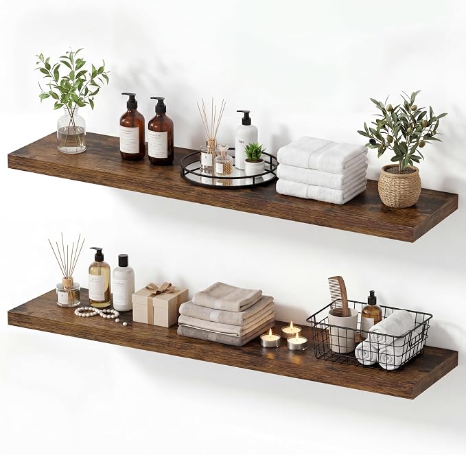 Vivelove 10 Inch Deep Floating Shelves 40 inch Long, 40 x 10 Wide Wall Shelves with Invisible Brackets, for Bedroom Bathroom Living Room Kitchen Office, Farmhouse Home Decor, Set of 2, Rustic Brown