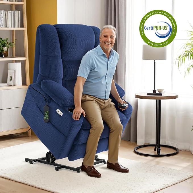 MCombo Big Man Power Lay Flat Lift Chair, Triple Motor Power Lift Recliner with Massage & Dual Heating, Adjustable Headrest, Fabric R7635 (Navy Blue, Large-Wide)