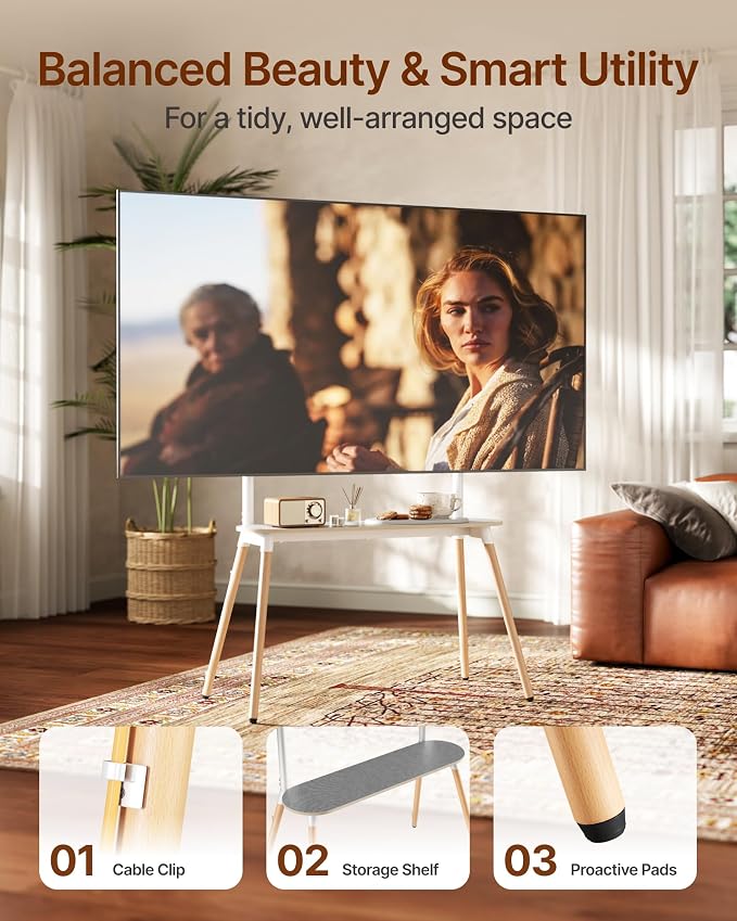 Easel Floor TV Stand with Storage for 49-86 inch TVs, Height Adjustable 4-Leg Universal TV Stand with Cable Management & Protective Pads, Holds 110 lbs for Living Room, Office, School, White