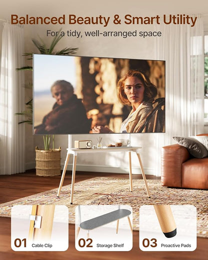 Easel Floor TV Stand with Storage for 49-86 inch TVs, Height Adjustable 4-Leg Universal TV Stand with Cable Management & Protective Pads, Holds 110 lbs for Living Room, Office, School, White