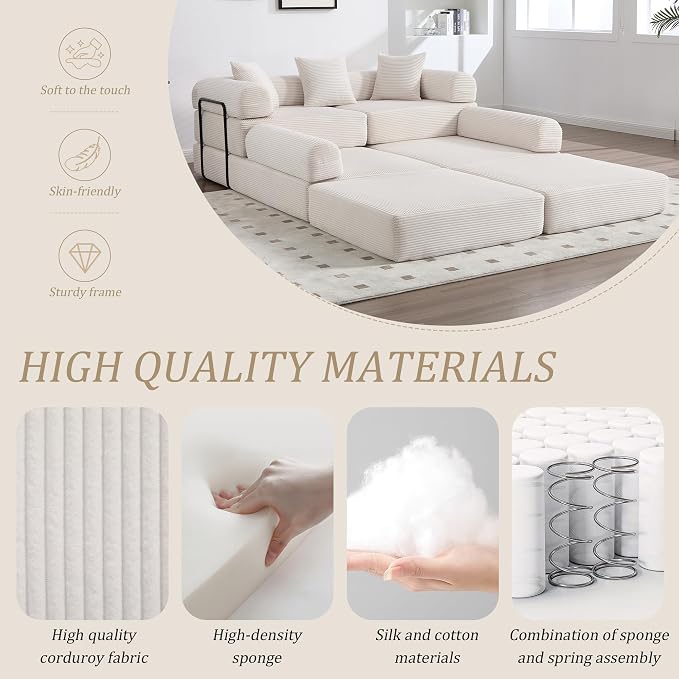 106" Oversized Convertible Sleeper Sofa Bed, Corduroy L Shape Sectional Couch, Folding Sofa Bed with Side Pocket, Modern Cloud Floor Mattress Couch, Modular Sofa for Living Room, Beige