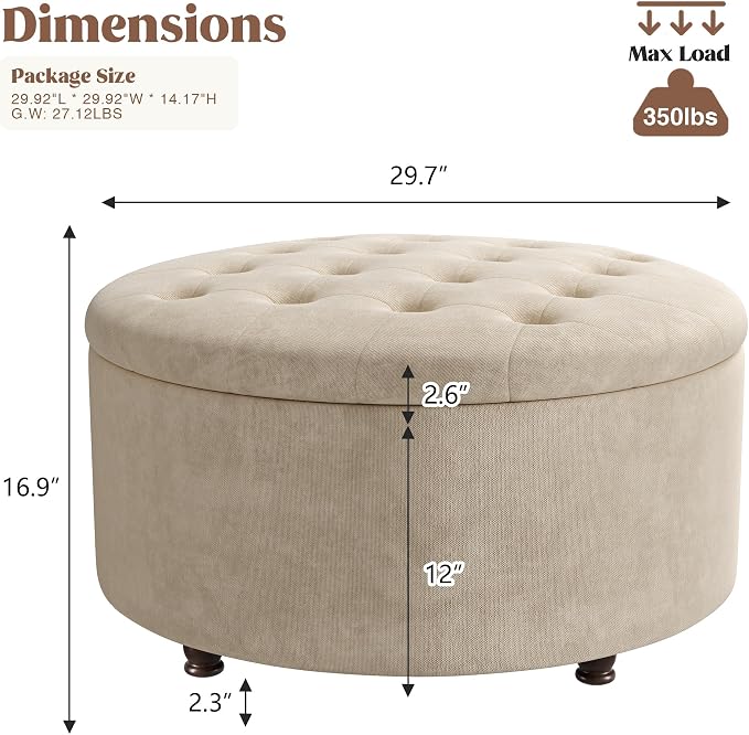 30 Inch Round Storage Ottoman,Modern Tufted Ottomans,Circular Coffee Table with Removable Top,Upholstered Large Ottoman with Storage Footrest Stool for Bedroom Living Room (Lightbrown)