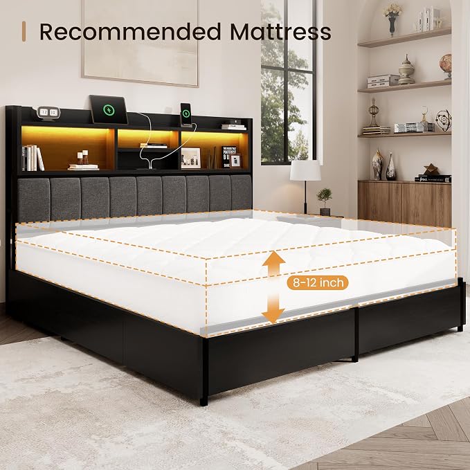 BRELTAM Queen Bed Frame with 6 Storage Drawers, Linen Upholstered Headboard, Built-in USB Charging Station & LED Lighting, Silent Metal Support, No Box Spring Needed, Vintage Black