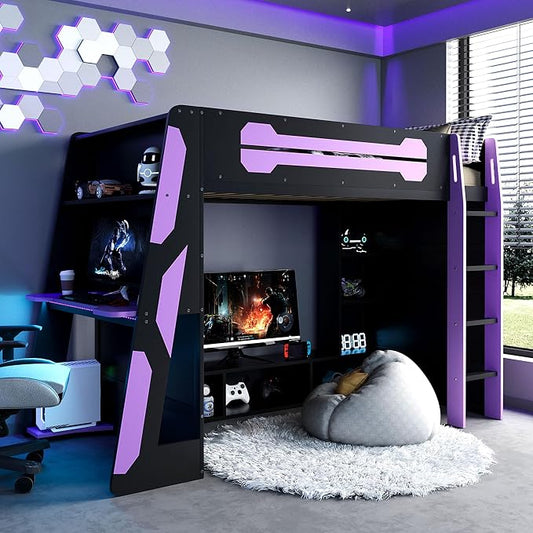 Merax Twin Size Loft Bed with Desk, Multi-Storage Shelves and RGB Light | Space-Saving Wooden Gaming Bed Frame with Charging Station and Guardrail