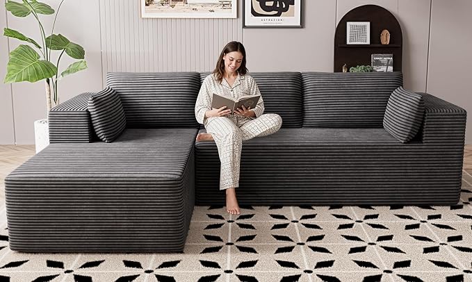 106" Cloud Sectional Boneless Couches for Living Room, Modular L Shaped Couch with Deep Seat Oversized Left Facing Chaise, Memory Foam Compressed Spineless 3 Seater Sofa for Bedroom Apartment, Grey