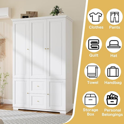 White Wardrobe with 2 Drawers: 74" Large Wardrobe Closet for Hanging Clothes, Tall Armoire Closet with 3 Doors, Bedroom Armoires with Hanging Rod (47")