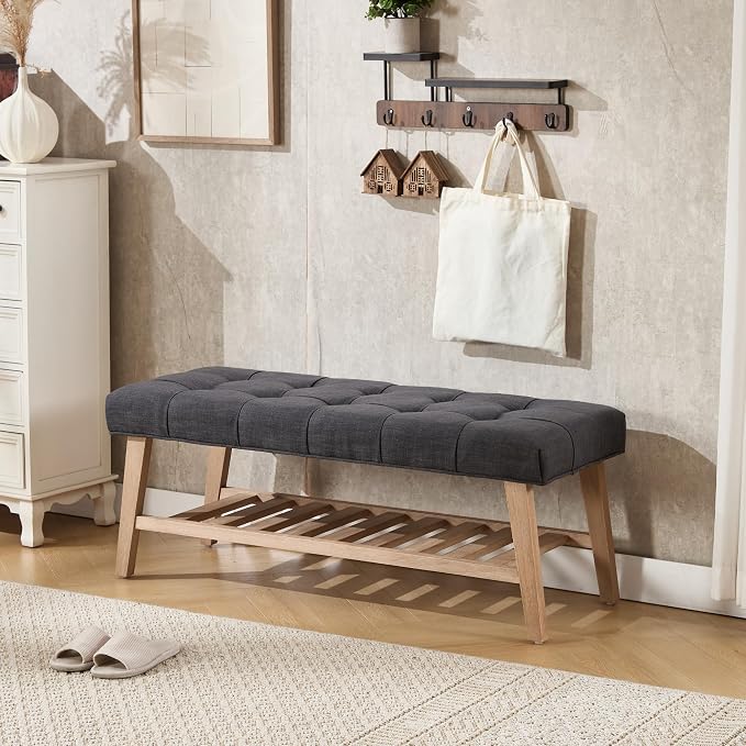 Kmax Entryway Bench with Shoe Storage, Fabric Upholstered Tufted Wood Storage Bench for Living Room Window Bench for Bedroom End of Bed - Linen, Charcoal