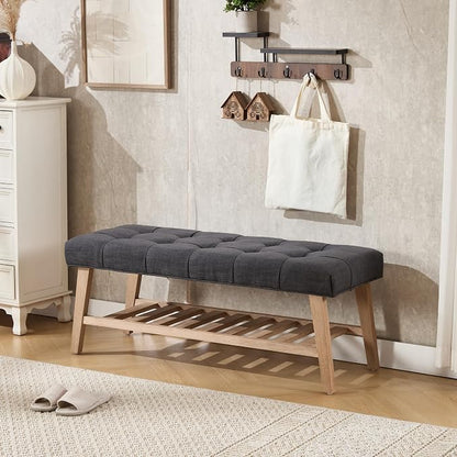 Kmax Entryway Bench with Shoe Storage, Fabric Upholstered Tufted Wood Storage Bench for Living Room Window Bench for Bedroom End of Bed - Linen, Charcoal