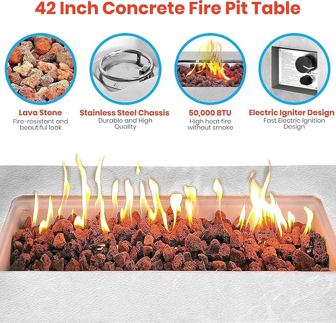 SereneLife Concrete Outdoor Propane Fire Pit Table - CSA/ETL Certified Safe 50,000BTU Pulse Ignition Weatherproof Square Propane Gas Fire Table - Adjustable Flame, Thermocouple - PVC Cover