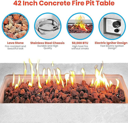 SereneLife Concrete Outdoor Propane Fire Pit Table - CSA/ETL Certified Safe 50,000BTU Pulse Ignition Weatherproof Square Propane Gas Fire Table - Adjustable Flame, Thermocouple - PVC Cover