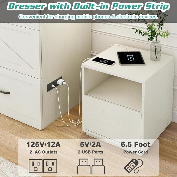 Hlivelood Full Size Murphy Chest Bed with Drawer and Charging Station, Farmhouse Wood Space-Saving Hidden Folding Beds Chest, Multifunctional Storage Cabinet Bed for Bedroom, Office, Rustic White