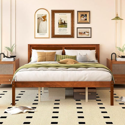 Giantex Queen Wood Platform Bed Frame with Headboard, Mid Century Queen Bed Frame with Wood Slat Support, Solid Wood Foundation with 16" Under Bed Storage, No Box Spring Needed, Easy Assembly