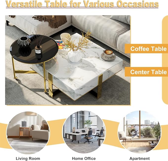 White Faux Marble Coffee Table Set with End Table, Luxurious Gold Coffee Tables 2 in 1, Nesting Coffee Table Set for Living Room Apartment