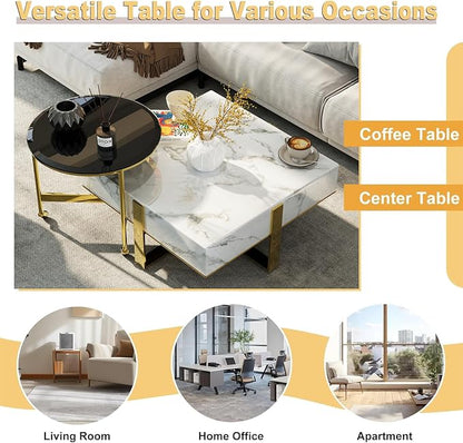 White Faux Marble Coffee Table Set with End Table, Luxurious Gold Coffee Tables 2 in 1, Nesting Coffee Table Set for Living Room Apartment
