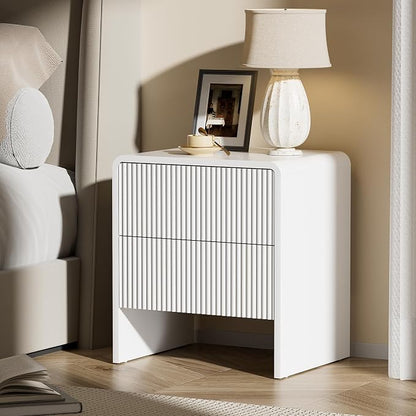 Furniway Set of 2 Modern Curved Nightstand with 2 Drawers, Push-to-Open Wooden Bedside Table, Minimalist End Table for Bedroom, White