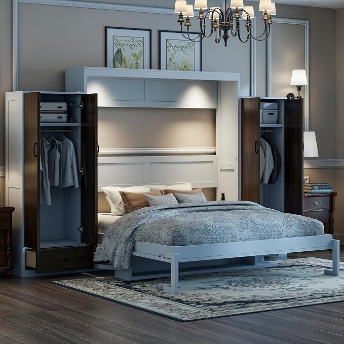 Queen Murphy Bed with Storage Wardrobes, Drawers and Drop-Down Desk | Space-saving wall bed with top LED lights, 500 lbs capacity and recommended 8-inch mattress fit for guest rooms or offices