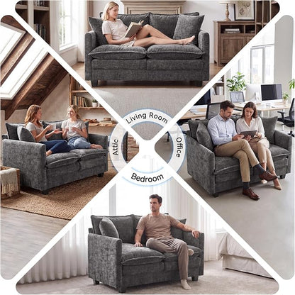 Loveseat Sofa Couch, Small Mini Compact 50" Love Seat 27" Deep Cloud Sofa Seat Washable Chenille Pillow for Apartment Bedroom Dorm Attic Studio Office Living Room Small Space 8833-GREY