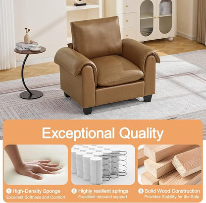 44.5" Faux Leather Single Sofa Sofa, Oversized Accent Chair with Curved Armrests, Cloud Modern Sofa Upholstered Deep Seat Reading Chair Armchair for Living Room, Bedroom，Light Brown