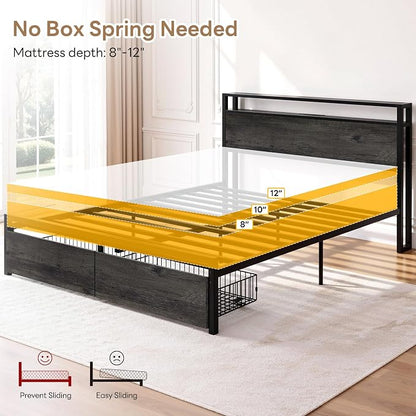 LIKIMIO Queen Bed Frame with 2 2-Tier Storage Headboard, Platform Bed with 2 Drawers and Charging Station, No Box Spring Needed, Easy Assembly, Charcoal Grey