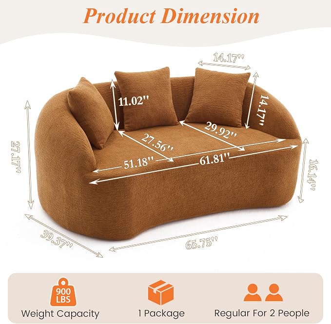 66" Curved Loveseat Sofa for Small Space, Boneless Chenille Boucle Cloud Couch, Luxury Extra High Back & Deep Seat, Oversized Comfort with No Assembly Required for Office, Dorm (Orange)