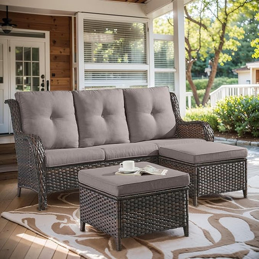 Outdoor Patio Furniture - 3 Seater Outdoor Rattan Wicker Sofa Patio Couch with Ottoman for Porch Deck Garden Backyard - Brown/Grey