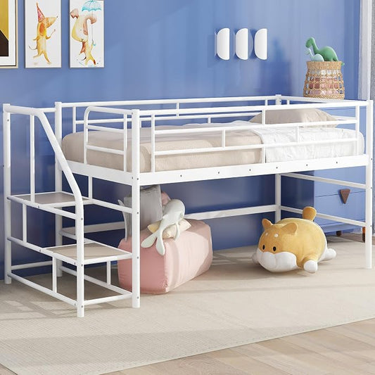 Twin Size Low Loft Bed for Kids,Metal Loft Bed Frame with Stair for Boys Girls,Kids Loft Bed Twin Size with Storage Steps,White