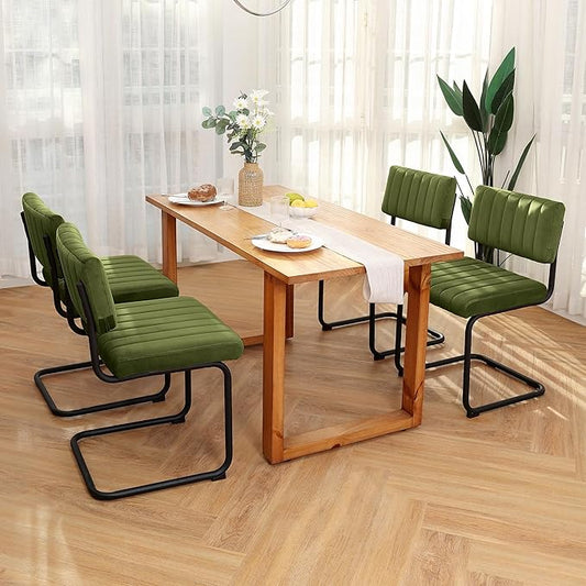 ONEVOG Mid Century Modern Dining Chairs Set of 4, Green Velvet Kitchen Chairs with Tufted Backs, Upholstered Wide Seat, Armless Cantilevered Chairs with Metal Legs for Kitchen Living Room