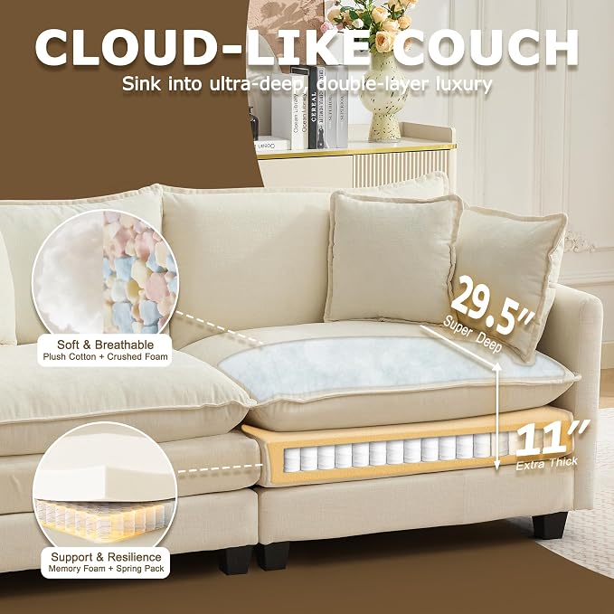 78" Modular Sectional Sofa, Cloud Couch Loveseat Sofa, Deep Seat Washable Chenille Fabric Sofa with Throw Pillows, 2 Seat Modern Couches for Living Room Bedroom Apartment, Beige
