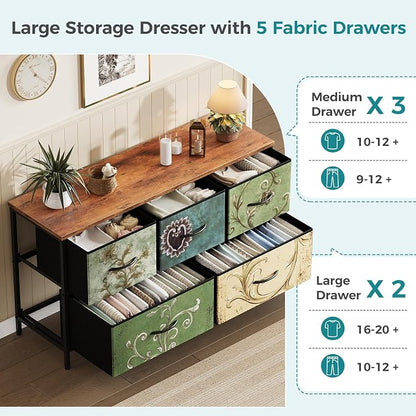 OLIXIS 5 Drawer Dresser for Bedroom, Storage Organizer Unit for Closet | Chest of Drawers for Clothes Storage with Bins, Wide Fabric Bedroom Dresser, Wooden Top, Living Room, Flower