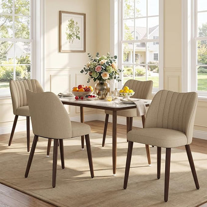 Upholstered Dining Chairs Set of 4, Modern Fabric Dining Chairs with Curved Backrest & Solid Rubber Wood Legs, Padded Kitchen Dining Room Chairs for Restaurant Cafe, Camel
