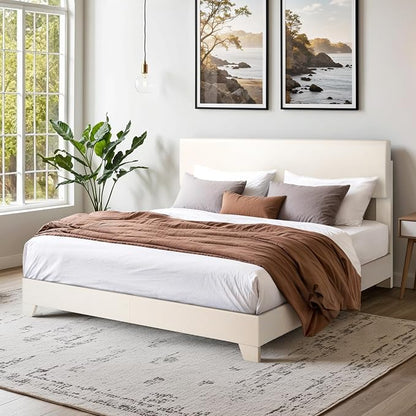 SHA CERLIN PU Leather Upholstered Queen Size Bed Frame with Headboard,White | Adjustable Low-Profile Platform Bed, Minimalist Design, Stable Mattress Foundation, Strong Back-Support, No Box Spring Needed
