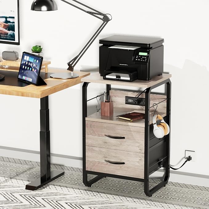 runjuly Nightstand with Drawers, Storage Night Stand with Charging Station Type C Port, Small Side Table with Hooks, Wood Metal End Table for Living Room, Bedroom, Dorm, Greige