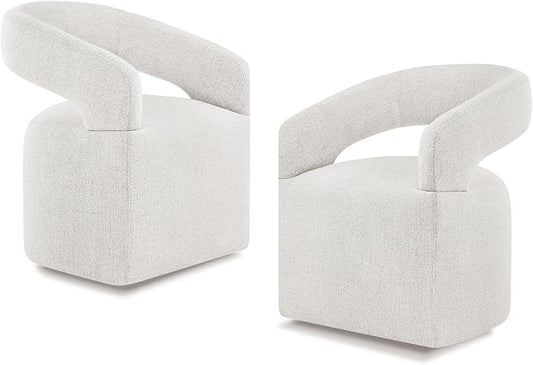 KISLOT Upholstered Dining Chairs Set of 2, Modern Rolling Dining Chairs with Hidden Casters, Arm Kitchen Chairs with Linen Look Fabric, Padded Barrel Chairs for Dining Room, Kitchen, Bedroom, Beige
