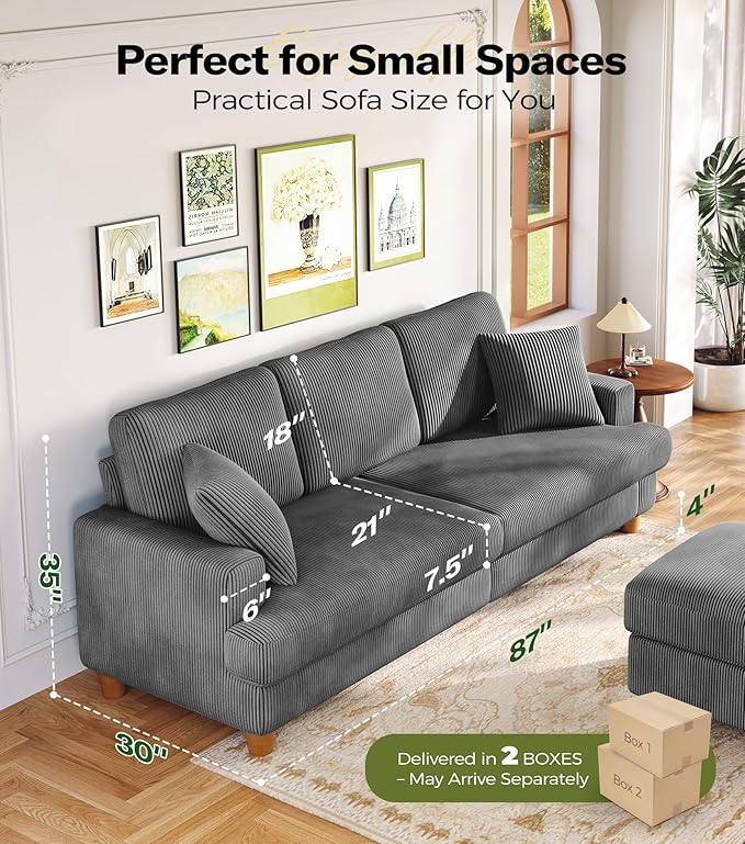 Kidirect 87in L Shaped Couch, Modular Sofa No Tool Assembly, Comfy Sectional Couches for Living Room 21in Deeper Seats, Corduroy Sofas for Living Room with 2 Pillows, Loveseat Sofa Set, Grey Couch