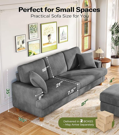 Kidirect 87in Corduroy Couch, Sofa No Tool Assembly, Comfy Couches for Living Room 21in Deeper Seats, Corduroy Sofas for Living Room with 2 Pillows, Oversized Loveseat Sofa, Boho Love Seat Grey Couch