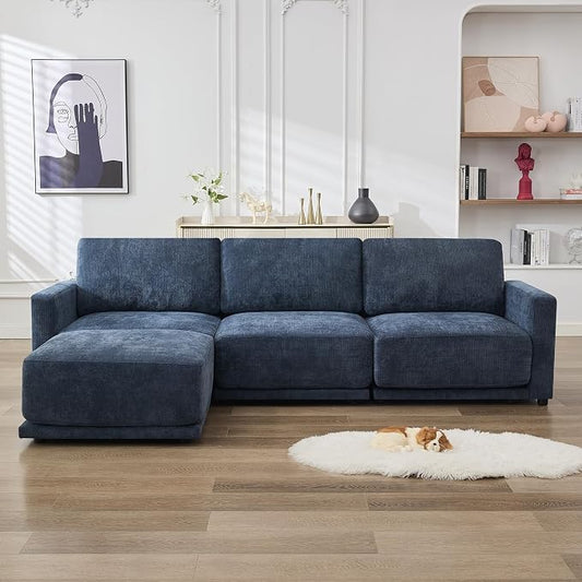 110.6" L Shaped Sectional Sofa, Modular Cloud Deep Seat Couch with Movable Ottoman, Oversized Thicked 4-Seats Sofas for Living Room, Chenille Blue