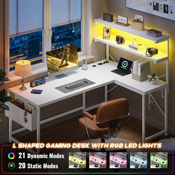 DurayLoly 53 Inch L Shaped Desk Computer Desk with LED Light & 5 Power Outlet, Reversible White Desk with Shelf & Storage Bag & Hook White Vanity Desk for Home Office, White