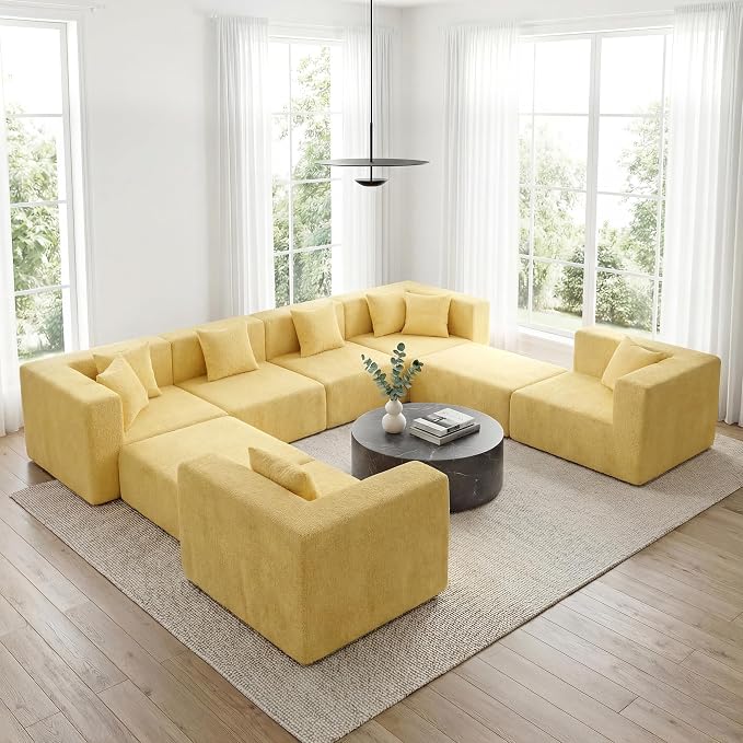 MONVANE Modular Sectional Sofa, Oversized 8 Seat Convertible U Shaped Couch with Ottoman, Comfy Teddy Velvet Cloud Couch with Deep Seat, Sectional Couches for Living Room, No Assembly Required, Yellow