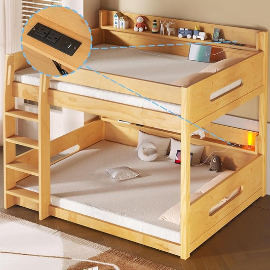 Wood Bunk Bed Queen over Queen Size with Built-in Storage Shelves and USB Ports on Upper and Lower, Versatile Bunk Bed Frame with Ladder and Guardrail for Kids Teens Adult, Maximize Space (Wood-1.1)