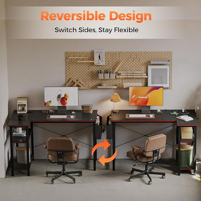 Mericonia Small L Shaped Computer Desk with Power Outlets, Reversible Gaming Desk with Storage Shelves, Corner Gamer Desk Table, Study Writing Table